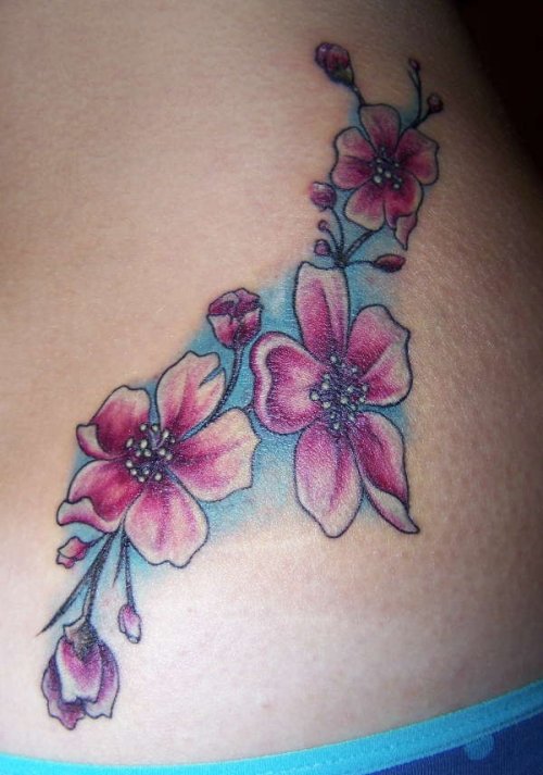 Cherry Blossom Flowers Tattoos On Lower Back